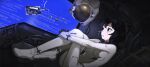  1girl black_eyes black_hair blue_screen_of_death breasts commentary floating_liquid helmet highres hugging_own_legs mikan_lemon open_mouth original short_hair solo space_helmet untranslatable_commentary unworn_headwear unworn_helmet zero_gravity 