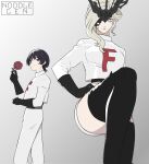  1boy 1girl aqua_eyes arm_at_side artist_name asymmetrical_bangs black_gloves black_hair black_mask black_shirt black_thighhighs blonde_hair blunt_ends bright_pupils closed_mouth commentary cosplay cropped_shirt english_commentary eye_mask eyelashes eyeliner flower genshin_impact gloves grey_background grey_eyes half_mask hand_on_own_elbow hand_on_own_hip hand_up highres holding holding_flower james_(pokemon) james_(pokemon)_(cosplay) jessie_(pokemon) jessie_(pokemon)_(cosplay) latex latex_thighhighs layered_shirt looking_at_viewer makeup mask noodlegen pants pencil_skirt pokemon pokemon_(anime) red_eyeliner red_flower red_rose rose scaramouche_(genshin_impact) shirt short_hair signora_(genshin_impact) single_sidelock skirt smile thighhighs turtleneck turtleneck_shirt white_pants white_pupils white_shirt white_skirt 
