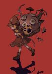  1girl absurdres backpack bag blonde_hair boots braid brown_boots brown_hat brown_skirt commentary doll e-8ikari eyeball fukouya_no_musume_(kikuohana) hat highres kikuo mushroom patch red_background shaded_face shadow simple_background skirt smile solo twin_braids walking 