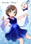  >_< 1girl :d absurdres blue_dress blue_flower blue_nails blue_rose blush bow bowtie bracelet brown_hair commentary_request dated dress earrings flower green_eyes grin hair_flower hair_ornament highres instrument jewelry kashiko_mari looking_at_viewer merry_christmas mizupiro mole mole_under_eye nail_polish necklace open_mouth pandei_(kashiko_mari) pearl_necklace project_upd8 rose short_hair smile snowflake_background snowflake_print snowflakes solo sparkle sparkle_print starry_sky_print tambourine virtual_youtuber 
