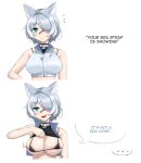  ... 1girl absurdres animal_ears aqua_eyes areola_slip bandaid bandaid_on_face bandaid_on_nose bikini blush bra_strap breasts cleavage clothes_lift commentary elira_pendora elira_pendora_(6th_costume) english_commentary english_text fangs grey_hair hair_over_one_eye half-jacket highres large_breasts looking_at_viewer meme micro_bikini midriff motion_lines nijisanji nijisanji_en notice_lines official_alternate_costume shirt_lift short_hair simple_background speech_bubble spoken_ellipsis swimsuit virtual_youtuber white_background wolf_ears yarashi_thought your_bra_strap_is_showing_(meme) 
