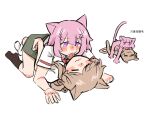  2girls :3 all_fours amaori_renako animal_ears ashigaya_high_school_uniform blush brown_hair cat_ears cat_girl cat_tail chinese_commentary chinese_text commentary_request green_skirt haojbleng highres kemonomimi_mode licking licking_chin long_hair lying medium_hair multiple_girls on_back pink_eyes pink_hair school_uniform sena_ajisai short_sleeves simple_background skirt tail tongue tongue_out translation_request watashi_ga_koibito_ni_nareru_wake_naijan_murimuri! white_background yuri 
