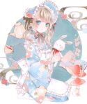  1girl accurate_lolita_coord alice's_adventures_in_wonderland alice_(alice_in_wonderland) apron blonde_hair blue_eyes blush bonnet book card commentary_request cup flat_chest floral_print full_body highres japanese_clothes kimono lolita_fashion long_hair looking_at_viewer marker_(medium) mushroom original paruno print_kimono seiza sitting solo stuffed_animal stuffed_rabbit stuffed_toy tea teacup teapot traditional_media twintails wa_lolita 