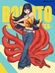  1girl armlet artbyolvr belt black_choker black_hair blue_eyes blue_pants boruto:_two_blue_vortex boruto_(series) bracelet camisole choker commentary copyright_name denim facial_mark fingerless_gloves fox full_body gloves highres jeans jewelry kitsune kurama_(naruto) kyuubi long_hair midriff midriff_peek multiple_tails naruto_(series) navel own_hands_together pants red_eyes sandals single_fingerless_glove slit_pupils tail twitter_username uzumaki_himawari very_long_hair whisker_markings white_belt yellow_camisole 