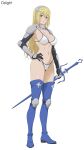  1girl aiz_wallenstein arm_armor armor artist_name bikini black_gloves blonde_hair blue_boots boots breasts closed_mouth commentary couter dungeon_ni_deai_wo_motomeru_no_wa_machigatteiru_darou_ka elbow_gloves full_body gloves grey_hairband hair_between_eyes hairband hand_on_own_hip highres holding holding_sheath large_breasts long_hair looking_at_viewer metal_hairband navel oslight pauldrons scabbard sheath shoulder_armor sidelocks simple_background solo standing stomach swimsuit sword thigh_boots vambraces weapon white_background white_bikini yellow_eyes 