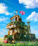  1girl backpack bad_id bad_pixiv_id bag bird black_hair brown_hair bulldozer cloud day developmentofmine flower grass hat leaf original overgrown randoseru ruins scenery short_hair skirt sky umbrella 