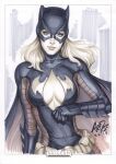 1girl batgirl batman_(series) belt black_mask blonde_hair blue_eyes bodysuit breasts breasts_apart cape closed_mouth commentary cowl dc_comics english_commentary highres long_hair looking_at_viewer marker_(medium) mask multicolored_bodysuit scan signature solo stanley_lau stephanie_brown traditional_media unzipping upper_body utility_belt 