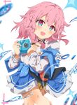  1girl :d absurdres amami_akari black_choker black_corset blue_eyes blue_jacket blue_skirt blurry blush buttons camera choker collarbone commentary_request corset cowboy_shot depth_of_field flower_ornament hair_between_eyes highres holding holding_camera honkai:_star_rail honkai_(series) jacket knees_together_feet_apart long_sleeves looking_at_viewer march_7th_(honkai:_star_rail) march_7th_(preservation)_(honkai:_star_rail) medium_hair miniskirt multicolored_eyes open_mouth pink_eyes pink_hair pleated_skirt shirt skirt smile solo tied_jacket two-tone_eyes underbust water water_drop white_background white_shirt 