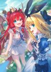  2girls :d absurdres black_horns black_ribbon black_tail black_wings blonde_hair blue_dress blue_eyes blue_ribbon bow cleavage_cutout clothing_cutout cloud cloudy_sky collared_dress commentary crown dappled_sunlight day demon_girl demon_horns demon_wings dress fang flower frilled_dress frills from_side grass hair_bow hair_flower hair_ornament hair_ribbon heterochromia highres horns long_hair mononobe_alice mononobe_alice_(1st_costume) mountainous_horizon multiple_girls neck_ribbon nijisanji open_mouth outdoors puffy_short_sleeves puffy_sleeves red_eyes red_hair ribbon short_sleeves skin_fang sky sleeveless sleeveless_dress smile sunlight virtual_youtuber white_dress wings yu_hydra yuzuki_roa yuzuki_roa_(3rd_costume) 
