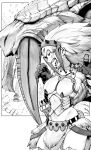  1other 2girls absurdres armor barioth barioth_(armor) bikini_armor black_gloves commentary_request fang fang_out fangs forest gloves highres kirin_(armor) long_teeth looking_to_the_side monochrome monster monster_hunter_(character) monster_hunter_(series) multiple_girls nature navel niwarhythm open_mouth outdoors sharp_teeth snow snowing teeth thighhighs 