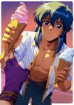  1boy 1girl absurdres alternate_costume alternate_hairstyle beach blue_eyes blue_hair commentary commission commissioner_upload couple english_commentary feeding_viewer female_pov fingerless_gloves fire_emblem fire_emblem:_genealogy_of_the_holy_war food gloves gravydood hair_down hetero highres holding holding_food holding_ice_cream ice_cream ice_cream_cone larcei_(fire_emblem) male_focus male_swimwear nail_polish ocean offering_food open_clothes open_shirt outdoors pov pov_hands purple_nails seliph_(fire_emblem) sidelocks smile solo_focus sunset swim_trunks 