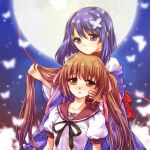  2girls acea4 akai_ito blue_eyes blue_hair blue_kimono blush brown_eyes brown_hair bug butterfly butterfly_hair_ornament closed_mouth collarbone commentary_request full_moon hair_ornament hand_in_another's_hair hatou_kei japanese_clothes kimono moon multiple_girls parted_lips sailor_collar short_hair short_sleeves smile twintails yumei yuri 