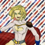  1girl alien belt blonde_hair blue_eyes breasts cape cleavage cleavage_cutout cleavage_window dc_comics female gloves kryptonian open_mouth pixiv_thumbnail power_girl red_cape short_hair smile solo striped striped_background superhero 