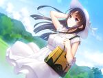  1girl bag black_hair blue_eyes cloud day dress dutch_angle floating_hair game_asset hat highres hill holding_strap lens_flare long_hair minahara_yuki ouma_ga_toki:_tasogare_ni_kemuru_shoujo outdoors shoulder_bag sky solo summer sun_hat sundress tsuyuta_kome white_dress worried 