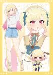  1girl absurdres alternate_hair_length_(shorter) aogu_yozora_ni_hoshi_wa_magirete_(project_sekai) bare_legs belt blonde_hair bow chibi colorful_festival_(project_sekai) commentary_request crop_top denim denim_shorts full_body fur-trimmed_sandals highres himitsu_no_valentine_daisakusen!_(project_sekai) long_legs maid_headdress midriff multiple_views n72841856 nail_polish necktie official_alternate_costume official_alternate_hairstyle open_mouth orange_nails portrait project_sekai red_eyes ribbon sandals shorts standing sweater tenma_saki toenail_polish toenails toes twintails yellow_background yellow_sandals 