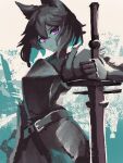  1girl absurdres animal_ears armor black_hair blue_background blue_hair breastplate cat_ears colored_inner_hair cowboy_shot english_commentary highres holding holding_sword holding_weapon knight looking_at_viewer looking_down medium_hair multicolored_hair outline purple_eyes solo sword weapon white_background white_outline yan_kodiac 