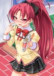  blush bow bowtie cowboy_shot fang food hair_bow holding long_hair long_ponytail looking_at_viewer mahou_shoujo_madoka_magica miri_(ago550421) pocky ponytail red_eyes red_hair sakura_kyouko school_uniform skirt solo 