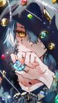  1boy black_hood coin commentary_request gem hair_between_eyes hand_up highres holding holding_gem jingran_(wuthering_waves) lita_(ritaomochi) looking_at_viewer male_focus portrait solo tacet_mark_(wuthering_waves) white_hair wuthering_waves yellow_eyes 