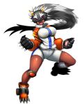  1girl animal_helmet ankle_boots bandaged_leg bandages bearcatmon black_gloves black_hair black_helmet boots breasts clenched_hands commentary_request dark-skinned_female dark_skin digimon digimon_(creature) floating_hair full_body gloves helmet highres jacket knee_pads kuroi_neko_(gundam00o) large_breasts long_hair long_sleeves looking_at_viewer multicolored_hair multicolored_jacket open_mouth orange_boots orange_sleeves partial_commentary red_eyes roller_skates sharp_teeth short_shorts shorts simple_background single_knee_pad skates skindentation solo spiked_gloves standing star_(symbol) star_print teeth track_jacket two-tone_hair two-tone_jacket very_long_hair white_background white_hair white_jacket white_shorts zipper zipper_pull_tab 