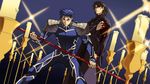  blood blue_hair brown_hair candle cross cross_necklace earrings fate/stay_night fate_(series) gae_bolg hand_on_own_chest jewelry kon_manatsu kotomine_kirei lancer long_hair male_focus multiple_boys necklace polearm ponytail red_eyes spear weapon 