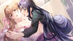  2girls akai_ito bare_shoulders bite_mark biting biting_neck black_hair black_sweater blood blurry blurry_background blush bra breasts cleavage collarbone commentary_request commission commissioner_name couch couple curtained_hair fangs grey_eyes hair_flowing_over hair_ribbon hand_on_another's_neck hatou_kei holding_hands long_hair looking_at_another multiple_girls nail_polish on_couch on_person open_clothes open_shirt parted_lips pillow pink_bra pink_nails pink_ribbon ribbon senba_uzuki sentaku_nori skeb_commission small_breasts stomach strap_slip sunlight sweatdrop sweater twintails underwear very_long_hair yuri 