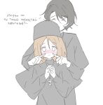  1boy 1girl alexei_karamazov artist-provided_artwork black_hair black_robe blush brother_and_sister brown_hair closed_eyes cross finger_to_another's_cheek genderswap genderswap_(mtf) highres interlocked_fingers ivan_karamazov koukoulion long_hair medium_hair non-web_source nose_blush open_mouth orthodox_cross praying robe russian_text siblings smile the_brothers_karamazov translation_request yukkuridene 