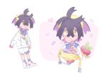  1boy akasaka_(qv92612) applin bag black_hair blue_shirt blue_socks blush candy collared_shirt crossed_bangs deformed food food_in_mouth gloves hair_between_eyes hairband holding holding_bag jacket kieran_(pokemon) lollipop lollipop_in_mouth long_sleeves macaron male_focus mole mole_on_neck mouth_hold multicolored_hair multiple_views open_mouth partially_fingerless_gloves pokemon pokemon_(creature) pokemon_scarlet_and_violet purple_hair red_gloves shirt shoes shorts simple_background single_glove socks swirl_lollipop triangle_mouth white_jacket white_shoes white_shorts yellow_bag yellow_eyes yellow_hairband 