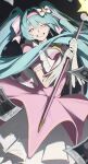  1girl absurdres aqua_hair bib_collar bow bowtie commentary_request cowboy_shot dress gloves grin hairband hatsune_miku highres holding holding_wand ima_sugu_rinne_(vocaloid) large_bow layered_dress long_dress long_hair magical_girl photo_(object) pink_bow pink_bowtie pink_dress pink_hairband polaroid_photo puffy_short_sleeves puffy_sleeves purple_eyes short_sleeves signature smile solo star-shaped_pupils star_(symbol) star_wand symbol-shaped_pupils twintails twitter_username under-elbow_gloves very_long_hair vocaloid wand watermark white_gloves yandere yukihira_makoto 