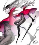  1girl arthropod_girl black_skin blank_eyes breasts cloak colored_skin commentary flower-shaped_hair full_body highres holding holding_weapon hollow_knight horned_mask hornet_(hollow_knight) mask multicolored_skin needle_(hollow_knight) partial_humanization red_cloak simple_background vansikart weapon white_background white_eyes white_hair white_skin 
