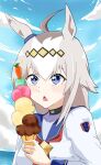  1girl absurdres ahoge animal_ears artist_request blue_eyes blue_sailor_collar brooch carrot commentary ear_ornament english_commentary food grey_hair hair_between_eyes hairband highres holding holding_food holding_ice_cream horse_ears horse_girl ice_cream jewelry long_hair long_sleeves multicolored_hairband multiple_scoops neckerchief oguri_cap_(starlight_beat)_(umamusume) oguri_cap_(umamusume) red_neckerchief sailor_collar shirt solo star_brooch triangle_mouth two-tone_hairband umamusume upper_body white_hair white_shirt 