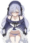  1girl absurdres asymmetrical_bangs averting_eyes black_bow blue_hairband blush bow bow_panties closed_mouth clothes_lift collarbone commentary_request crescent crescent_necklace dera_self dress dress_lift frilled_dress frilled_hairband frills gothic_lolita hair_over_one_eye hairband highres jewelry lifting_own_clothes lolita_fashion lolita_hairband long_bangs long_hair mahou_shoujo_no_majo_saiban natsume_an-an navel necklace off-shoulder_dress off_shoulder one_side_up panties polka_dot polka_dot_bow purple_eyes purple_hair purple_panties simple_background skirt skirt_lift sleeve_bow solo stuffed_animal stuffed_sheep stuffed_toy sweat underwear white_background 