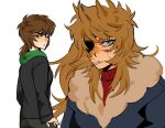  2girls adapted_costume aegyo_sal alternate_hairstyle animification black_coat black_pants blood blue_coat brown_eyes brown_hair burn_scar coat commentary cosplay edd_(eddsworld) eddsworld ell_(eddsworld) english_commentary eyepatch funkyhoodie fur-trimmed_coat fur_trim future_edd_(eddsworld) future_edd_(eddsworld)_(cosplay) genderswap genderswap_(mtf) green_hoodie grey_eyes hair_horns highres hood hood_down hoodie long_hair looking_at_another low-tied_long_hair low_ponytail mature_female multiple_girls open_clothes open_coat pants ponytail red_leader_(eddsworld) red_leader_(eddsworld)_(cosplay) red_sweater scar scar_on_cheek scar_on_face scar_on_nose self-cosplay simple_background spoilers sweater tord_(eddsworld) tori_(eddsworld) trench_coat turtleneck turtleneck_sweater unlit_cigarette_in_mouth upper_body very_long_hair white_background 