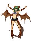  1girl :d ahoge animal_feet animal_hands armpits arms_up barbariank bare_arms bare_legs bare_shoulders black_shorts breasts colored_tongue commentary copper_dragon_(barbariank) copper_dragon_(d&amp;d) dolphin_shorts dragon_girl dragon_tail dragon_wings dungeons_&amp;_dragons english_commentary fang fins full_body green_eyes green_hair green_tongue hair_between_eyes head_fins highleg highleg_panties highres horns looking_at_viewer monster_girl navel open_mouth original outstretched_arms panties panty_straps personification scales short_shorts shorts simple_background skin_fang small_breasts smile solo spread_arms stomach tail underboob underwear v-shaped_eyebrows white_background white_panties wings 