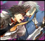  angry aqua_eyes battle black_hair brown_eyes coat duel gloves isago_(ica) jude_mathis ludger_will_kresnik male_focus multicolored_hair multiple_boys necktie purple_background reverse_grip sword tales_of_(series) tales_of_xillia tales_of_xillia_2 two-tone_hair weapon white_hair 