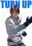  1boy animification blay_buckle blue_eyes brown_hair gloves henshin_pose highres jewelry kamen_rider kamen_rider_blade_(series) kenzaki_kazuma male_focus nbcs_cangmo necklace rider_belt shirt simple_background solo standing striped_clothes striped_shirt tokusatsu 