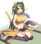  1girl :d alternate_eye_color alternate_hair_color animal_ears argyle argyle_legwear bare_shoulders bell blue_eyes breasts can cat_ears cat_tail garter_straps green_hair hair_ornament holding kashiwamochi_yomogi long_hair looking_at_viewer medium_breasts navel open_mouth sengoku_collection sitting skirt sleeveless smile solo tail tail_bell takatora_todo_(sengoku_collection) thighhighs thighhighs_pull 
