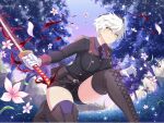  1girl belt_pouch bike_shorts black_fire black_necktie blue_sky blush boots breasts brown_boots buttons double-breasted energy fire flower forest game_asset gloves gradient_sky grass hat hebijo_academy_school_uniform hebijo_academy_school_uniform_(new_link) holding holding_sword holding_weapon katana lace-up_boots large_breasts light_particles looking_at_viewer miyabi_(senran_kagura) mountain mountainous_horizon nature necktie official_art on_one_knee outdoors petals pink_flower pink_petals plant pouch purple_flower purple_shirt purple_sky purple_thighhighs school_uniform senran_kagura senran_kagura_new_link senran_kagura_shinovi_versus shirt short_hair sky slit_pupils smile solo sword thighhighs tree tsuka_(handle) weapon white_gloves white_hair yellow_eyes 