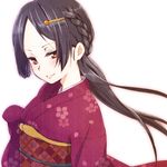  black_hair braid errant hair_ornament hairclip japanese_clothes kimono long_hair looking_at_viewer original red_eyes simple_background smile solo white_background 