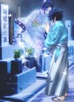  1boy 1girl absurdres aqua_shirt barefoot black_hair bug butterfly butterfly_hair_ornament butterfly_print_haori commentary english_commentary floating full_body ghost grave grey_hakama hair_ornament hakama hand_on_another's_cheek hand_on_another's_face hetero highres incense japanese_clothes kimetsu_no_yaiba kimono kochou_shinobu looking_at_another niku_(ni23ku) parted_bangs purple_eyes purple_hair purple_kimono sandals shirt short_hair smoke standing tomioka_giyuu twitter_username weibo_username 