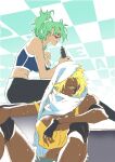  2girls abs absurdres alternate_costume black_pants bleach blonde_hair blue_sports_bra bottle breasts brown_eyes cleavage commentary crop_top cutoffs dark-skinned_female dark_skin facial_mark green_hair high_ponytail highres knee_sleeve large_breasts multiple_girls nelliel_tu_odelschwanck pants pedrozox2093 ponytail purple_eyes sitting sports_bra sweat tier_harribel towel towel_around_neck untranslatable_commentary water_bottle yoga_pants 