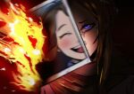  1girl azouries brown_hair burning burning_photo commentary english_commentary eyelashes fire hair_bun highres holding holding_photo kurashiki_akane kyokugen_dasshutsu kyokugen_dasshutsu:_9_jikan_9_nin_9_no_tobira long_hair photo_(object) purple_eyes single_hair_bun single_side_bun solo 