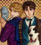  2boys blonde_hair blue_eyes blue_shirt bow bowtie brown_hair closed_mouth dagger danny_(jojo) dio_brando highres holding holding_dagger holding_knife holding_weapon jojo_no_kimyou_na_bouken jonathan_joestar knife looking_at_viewer male_focus mechimun_jojo multiple_boys pet phantom_blood purple_shirt scowl shawl shirt smile stone_mask_(jojo) weapon yellow_eyes 