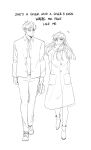  1boy 1girl absurdres ankle_boots boots buttons closed_mouth collared_shirt english_text full_body greyscale hat highres holding holding_unworn_clothes holding_unworn_hat husband_and_wife ideksams jacket long_hair long_sleeves looking_at_another looking_at_viewer monochrome notice_lines pants pocket scarf shirt shoes short_hair side-by-side simple_background smile spy_x_family twilight_(spy_x_family) unbuttoned unworn_hat unworn_headwear very_short_hair walking white_background winter_clothes yor_briar 