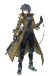  1girl absurdres black_bodysuit bodysuit bullpup cable coat commentary cyberpunk cyborg doghunt14716979 expressionless facing_viewer ghost_in_the_shell gloves gun highres holding holding_gun holding_weapon knee_pads kusanagi_motoko looking_at_viewer open_clothes open_coat purple_eyes purple_hair rifle science_fiction short_hair solo standing trench_coat weapon white_background 