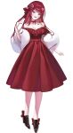  1girl absurdres akane_lize alternate_costume black_shoes blonde_hair breasts cocktail_dress collarbone commentary_request dress evening_gown flower full_body fur_shawl grey_eyes hair_flower hair_ornament head_tilt highres jacket kirat_kr korean_commentary large_breasts leather leather_jacket long_hair looking_at_viewer multicolored_hair neck_ribbon open_mouth red_flower red_hair red_ribbon ribbon shawl shoes simple_background solo standing stellive straight-on strapless strapless_dress two-tone_hair 
