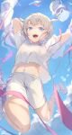  1girl arms_up banpen_(todoroki_hajime) blonde_hair blue_sky commentary english_commentary harukayu_yu highres hololive hololive_dev_is looking_at_viewer midair multicolored_hair navel open_mouth outdoors purple_eyes purple_hair shirt shoes short_hair short_sleeves shorts sky streaked_hair todoroki_hajime todoroki_hajime_(1st_costume) two_side_up white_shirt white_shoes white_shorts 