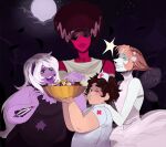  1boy 3girls :3 afro alternate_costume amethyst_(steven_universe) black_eyeshadow black_hair black_tank_top blue_eyes bone breasts bride_of_frankenstein bride_of_frankenstein_(cosplay) candy child cleavage closed_mouth colored_skin cosplay curly_hair dress eyeshadow facepaint fairy_wings fake_injury fake_wings fat fat_man flower food forehead_jewel full_moon garnet_(steven_universe) gem girly_boy guro hair_flower hair_ornament halloween halloween_bucket halloween_costume happyds hat heart holding holding_halloween_bucket holding_wand lips long_hair makeup moon multiple_girls night nurse nurse_cap open_mouth outdoors pearl pearl_(steven_universe) purple_skin red_skin short_hair shortstack skinny smile steven_quartz_universe steven_universe sunglasses tank_top teeth thick_lips tongue tongue_out uneven_eyes wand white_hair white_skin wings zombie 