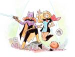  2girls adapted_costume alt_text artist_name barbara_gordon batgirl batman_symbol belt belt_pouch blonde_hair boots breasts cape commentary cosplay dated dc_comics dress english_commentary floating grin hand_on_own_hip highres long_hair loose_belt mask medium_breasts mikemaihack multiple_girls orange_hair phaser pouch red_cape salute smile star_trek streaky_the_supercat supergirl superhero_costume superman_logo vulcan_salute yellow_boots 