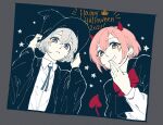  1boy 1girl 2021 black_hat black_jacket blue_necktie border bow bowtie collared_shirt commentary_request demon_horns demon_tail double-parted_bangs facial_mark fake_horns fake_tail frown grey_border grin happy_halloween hat highres horns jack_jeanne jacket looking_at_viewer necktie open_clothes open_jacket pink_hair red_bow red_bowtie red_horns shirota_mitsuki shirt short_hair smile star_(symbol) star_facial_mark succhii_(pikaru) tachibana_kisa tail upper_body white_hair white_shirt witch_hat 
