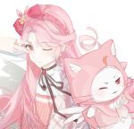  1girl angel_wings animal argyle_clothes argyle_jacket ascot bow bowtie brown_eyes brown_ribbon cat chinese_commentary cloak closed_mouth clothed_animal commentary_request diamond_earrings dress ear_covers earrings fake_wings feathered_wings floating_hair flower hair_bow hair_flower hair_ornament hairband hand_over_eye happy highres hood hood_up hooded_cloak infinity_nikki jacket jacket_partially_removed jewelry junzi34798 long_hair long_sleeves looking_at_viewer momo_(dream)_(infinity_nikki) momo_(nikki) multiple_rings neck_ribbon nikki_(nikki) nikki_(series) official_alternate_costume one_eye_closed pinafore_dress pink_bow pink_bowtie pink_cloak pink_dress pink_flower pink_hair pink_hairband pink_vest pointy_nose print_cloak ribbon ring see-through_clothes see-through_jacket shirt simple_background sleeveless sleeveless_dress smile striped_clothes striped_dress studded_hairband studs traditional_bowtie upper_body v vertical-striped_clothes vertical-striped_dress vest white_ascot white_background white_cat white_jacket white_shirt white_wings wing_print wings x_navel 